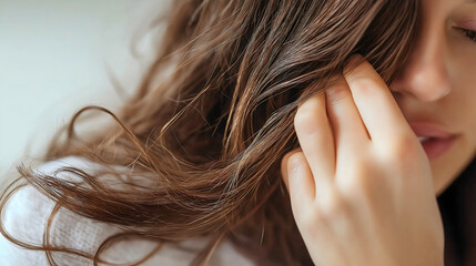 Soft and Serene Close-Up of a Woman Touching Her Glossy Hair in Morning Light