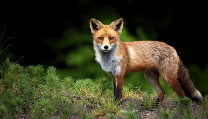 Fototapeta premium Vibrant Red Fox Gazing Intently Amongst Summers Black, Brown, and Green Palette, Captured in a Moment of Wild Majesty