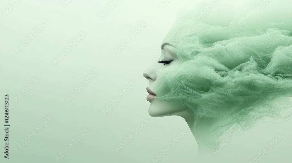 Poster a soft-focus image of a womanâ€™s face, her features gently fading into abstract green swirls,