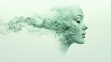 A soft-focus image of a womanâ€™s face, her features gently fading into abstract green swirls,