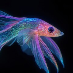 Fototapeta premium Vibrant Colorful Fish with Ethereal Fins Swimming in Dark Waters