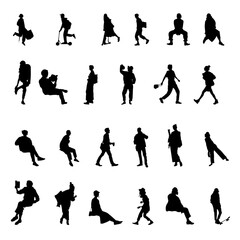 Collection of black silhouettes of people in various activities and poses, including walking, running, sitting, and interacting. Ideal for architectural projects, creative designs, and visual.