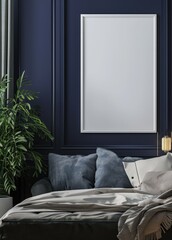A cozy bedroom with a blue wall. a bed with white linens. a potted plant. and a blank canvas