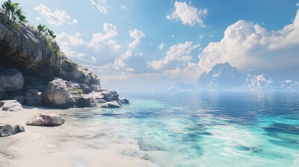 Fototapeta premium Idyllic Coastal Scene with Crystal Clear Water and Distant Snow-Capped Mountains