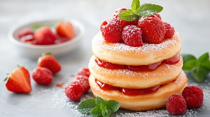 Stack of pancakes with strawberries and raspberries on top
