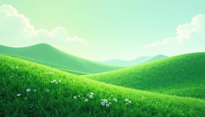 Abstract green landscape with a white wave in the distance, soothing, peaceful