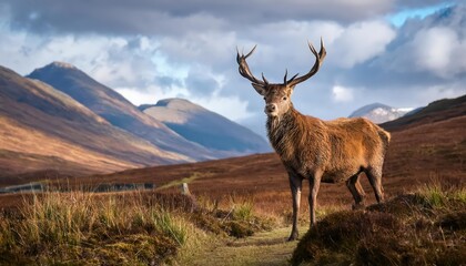 Powerful Majesty A Solitary Stag Stands Vigil amidst the Rugged Beauty of the Scottish Highlands at Dawn, Capturing the Essence of Natures Primeval Allure.