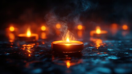 all saints day candles with smoke on a dark background 3d rendering