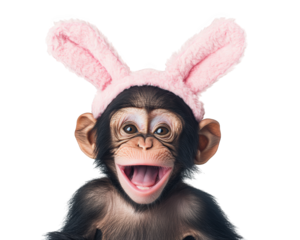 monkey wearing pink bunny hat makes silly face, showcasing its playful nature and joy. This adorable expression captures essence of fun and whimsy