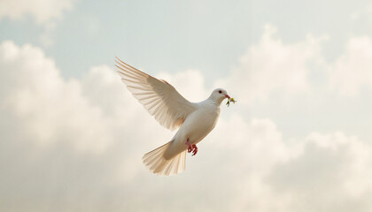Obraz premium White dove flying with a green twig against a cloudy sky
