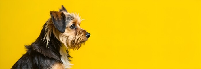 Banner. The shaggy cute dog is depicted in profile on the left side of the sheet, on the right there is a lot of free space for text. Background yellow