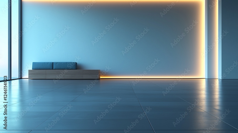 Wall mural Modern minimalist lounge, ambient lighting, large window, city view, interior design