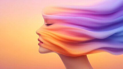 A close-up of a woman&acirc;&euro;&trade;s serene face, softly lit, with vibrant orange and purple tones swirling