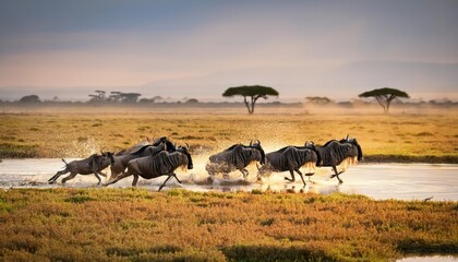 Obraz premium AweInspiring Wildebeest Crossing Amboseli Marshes at Dusk Majestic Grazers Silhouetted Against the Setting Suns Radiant Glow over Kenyas Serengeti Plains