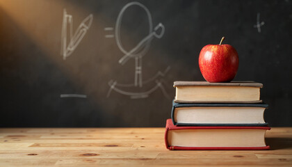 Stack of books with red apple on wooden table