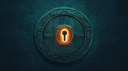 A mysterious circular wooden door with intricate carvings and a glowing keyhole at the center creating a fantasy and adventure theme

