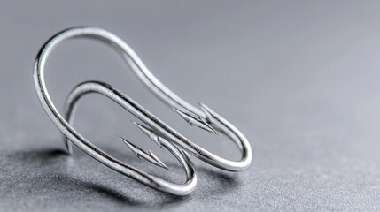 Close-up of two fishing hooks on gray background