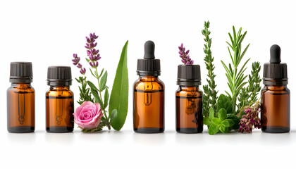 Aromatic essential oil bottles surrounded by fresh herbs and flowers, ideal for aromatherapy, wellness, and natural beauty concepts.
