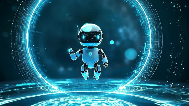 Futuristic robot hovering in holographic digital portal