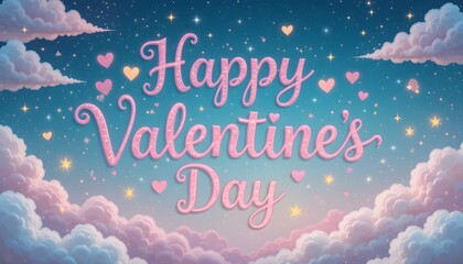 Starry Night Romance: "Happy Valentine's Day" Written in Cursive Against a Dreamy Night Sky with Twinkling Stars and Pink Hearts.