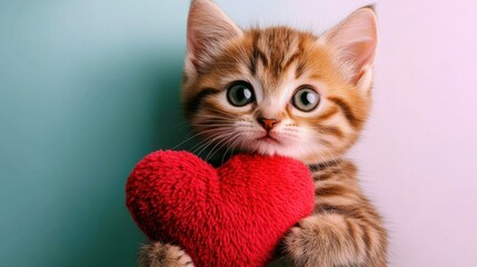 Playful kitten embracing toy red heart. Adorable feline on soft pink backdrop. Valentine's Day affection theme. Ideal for pet shelter ads, vet clinic posters.