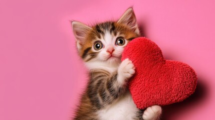 Playful kitten embracing toy red heart. Adorable feline on soft pink backdrop. Valentine's Day affection theme. Ideal for pet shelter ads, vet clinic posters.