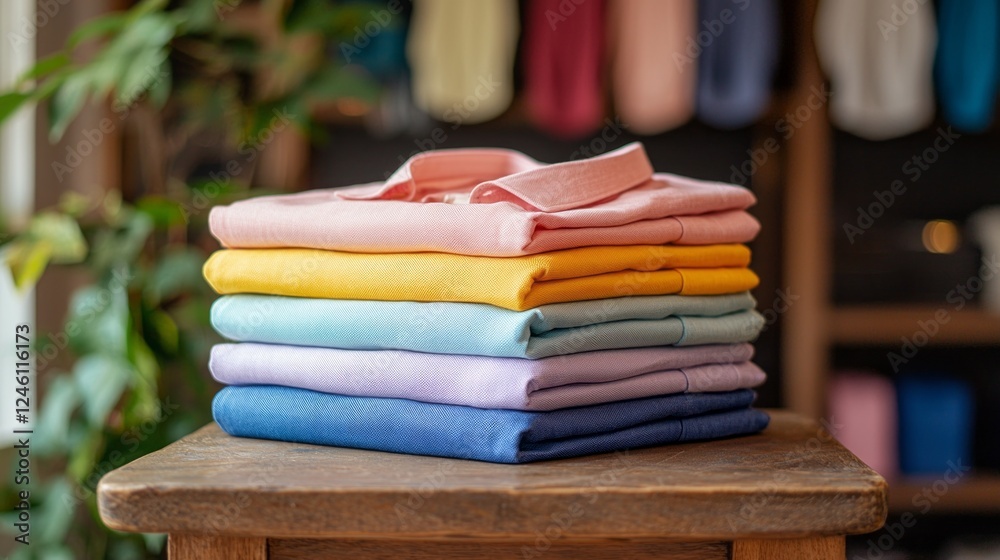 Poster a cozy boutique features a vibrant stack of neatly folded shirts in pastel hues, illuminated by warm