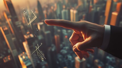 Hand pointing at abstract diagram on city background. Hiring concept. 3D Rendering