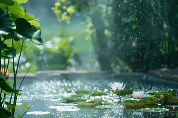 Naklejka premium Morning mist rises from a tranquil garden pond surrounded by lush greenery and vibrant plants during a serene autumn morning