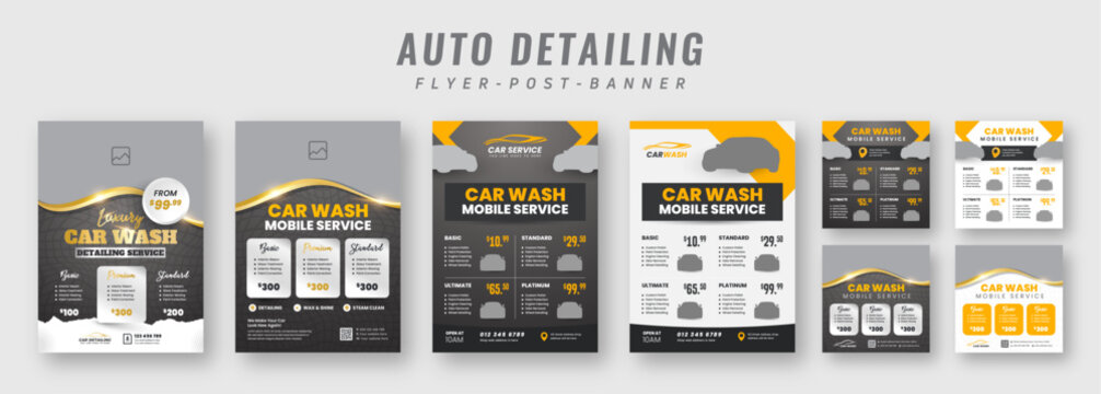 Car wash flyer and banner template bundle. Auto detailing service promotional web banner with pricing, packages, and modern layout. Social media post design.