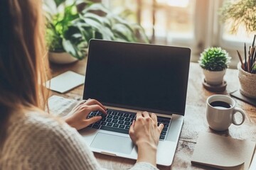 Fototapeta premium Woman sitting at a desk in her cozy home office