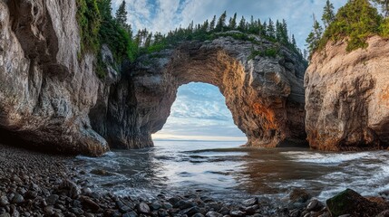 Fototapeta premium Majestic Stone Archway Overlooking the Ocean With Stunning Forest Cliffs