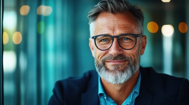 A confident older man with glasses and a beard smiles warmly in a stylish, contemporary environment, exuding charm and professionalism in a bright atmosphere.