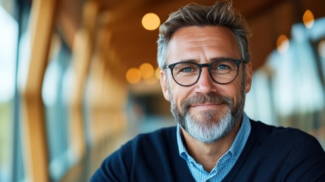 A confident middle-aged man with glasses and a gray beard is sitting indoors, radiating warmth and approachability among modern wooden architecture.