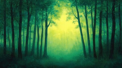 Obraz premium Serene forest scene with tall trees in shades of green and delicate mist creating a tranquil atmosphere
