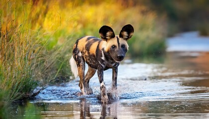 Striking African Wild Dog Stroll in Mana Pools Waterscape at Dawn Majestic Predator Graces the Road...