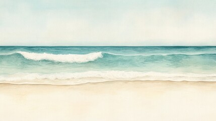 Fototapeta premium A serene seascape showcasing gentle waves lapping against a sandy shore under a soft blue sky
