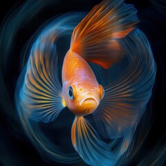 Fototapeta premium Vibrant Goldfish with Flowing Fins in Dark Water Background