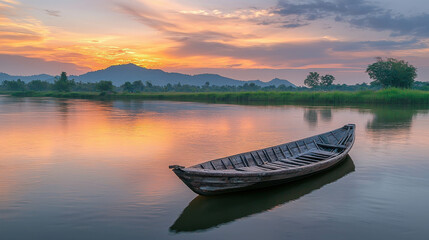 Obraz premium Lone Wooden Boat Drifting on Tranquil River at Sunset with Scenic Mountains in Background