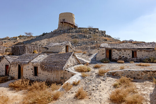 Hatta Heritage Village, UAE. Hatta watchtower south and traditional UAE architecture. Perfect travel destination for cultural explorers