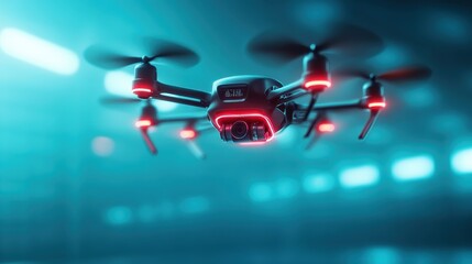 A compact drone with striking red and blue lighting details hovers in a dimly lit environment, showcasing its advanced technology and design in a captivating way.