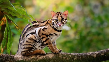 Striking Closeup of a Margay in a Lush Costa Rican Tropical Forest, Capturing the Agility and Grace of this Elusive Wild Cat amidst Vibrant Flora and Rich Biodiversity