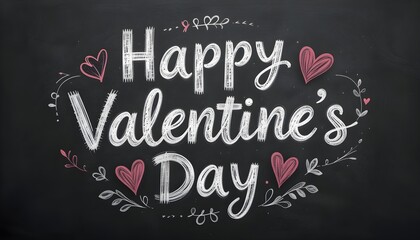 Happy Valentine's Day Handwritten with Hearts and Flowers for a Nostalgic Valentine's Greeting on a Chalkboard