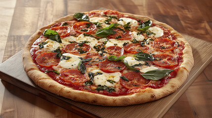 Margherita Pizza is loaded with tomato sauce, fresh mozzarella cheese, basil leaves, olive oil, and a crispy crust on a wooden board