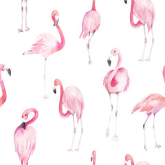 Jungle summer print. Watercolor seamless pattern with  pink flamingos  on white background. Hand drawn illustration