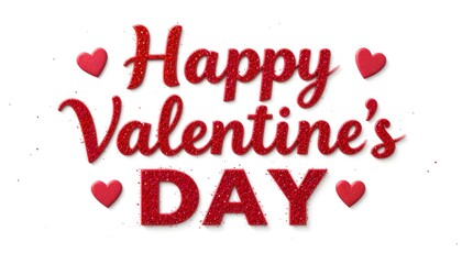 "Happy Valentine's Day" shines in 3D letters with a glossy, glittery finish, surrounded by red hearts on a white background
