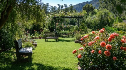 A vibrant rose garden with climbing roses growing over trellises and a rustic wooden bench nearby.