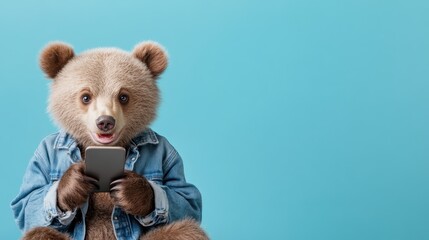 A stylish bear character is holding a smartphone, dressed in a denim jacket, presenting a whimsical blend of fashion and technology that piques curiosity and delight.