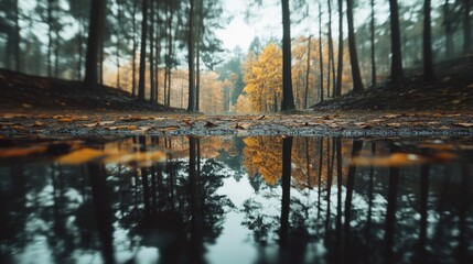 Mirror reflection of an autumn forest on the calm surface of a lake