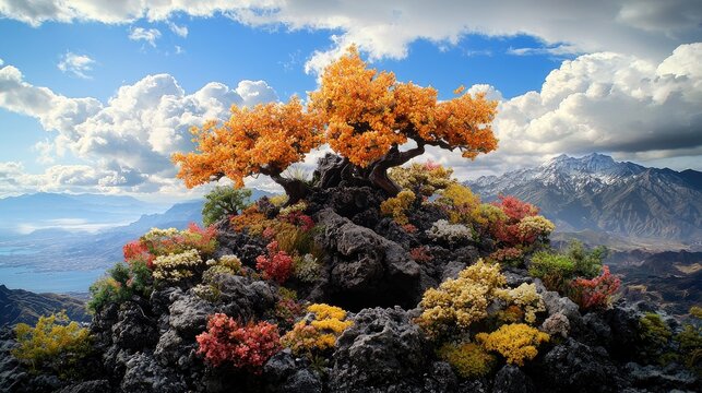 Autumn Bonsai Tree Mountain Lake Landscape